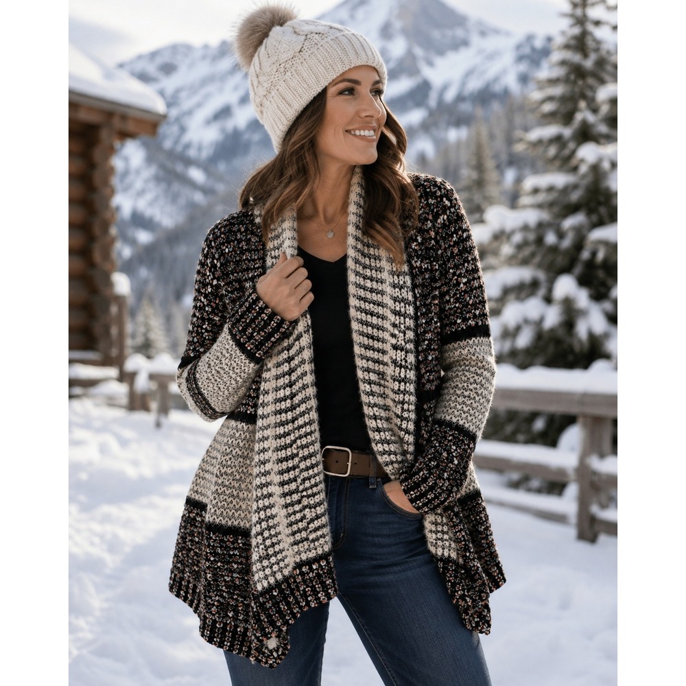 Dor Dor Women's XL Heavy Knit Open Front Cardigan Boho Patchwork Sweater